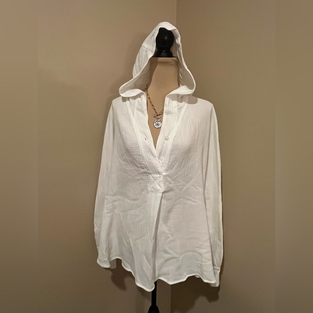 NWT P. Cill Oversized Gauze White Hooded V Neck Top, size M